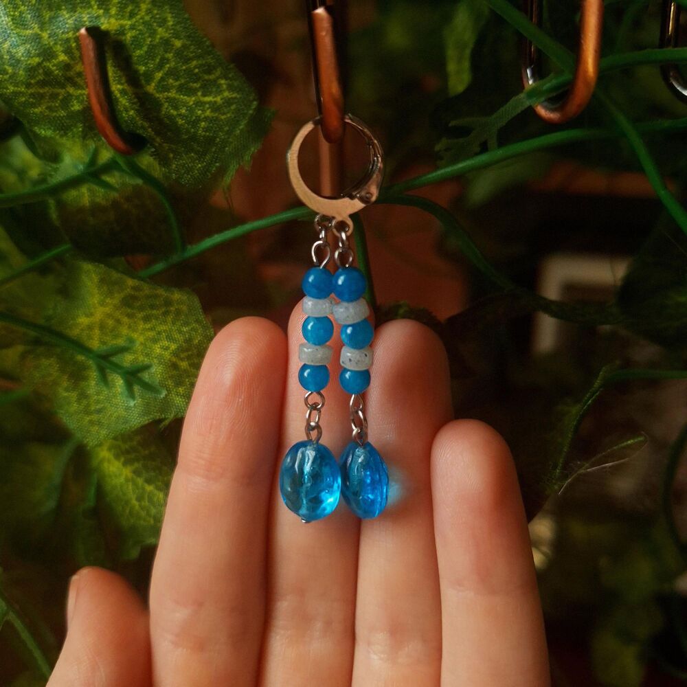 Aqua Quartz & Glass Earrings, Stainless Steel Leverback - Picture 6 of 9